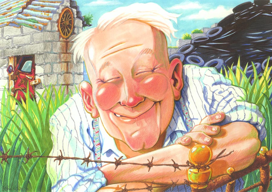 illustration of a happy smiling old farmer leaning on his gate