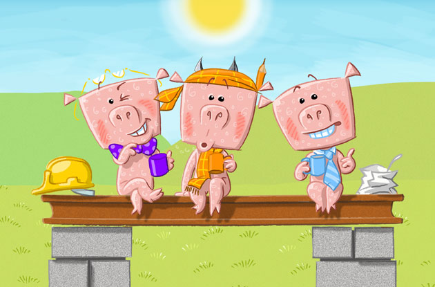 3 little pigs admiring their building work illustration