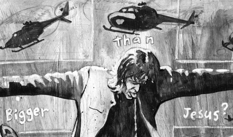 newspaper illustration of the band oasis detail liam and helicopters