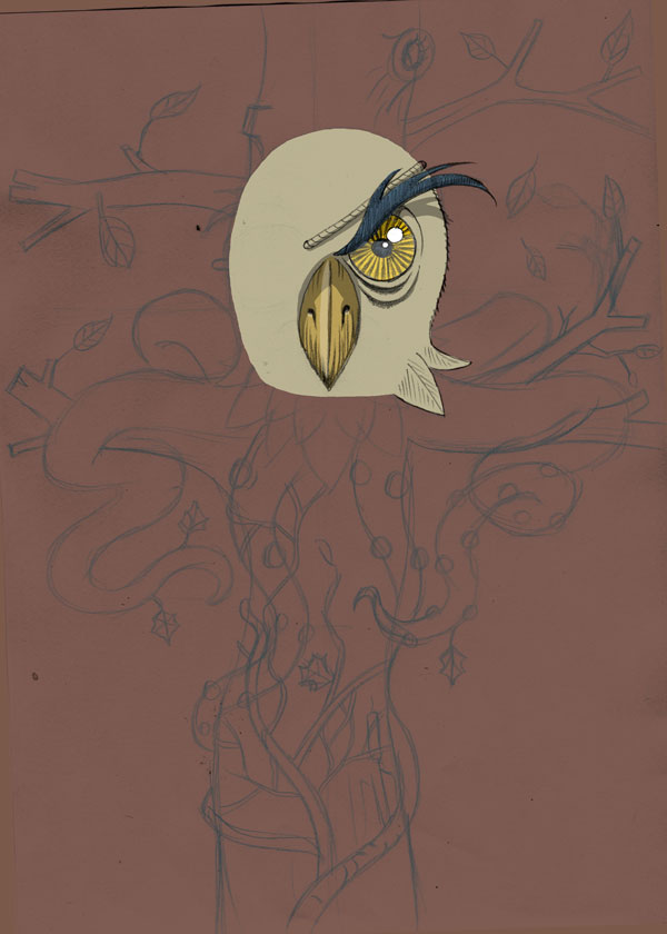 owl ivy octopus chimera illustration progress shot