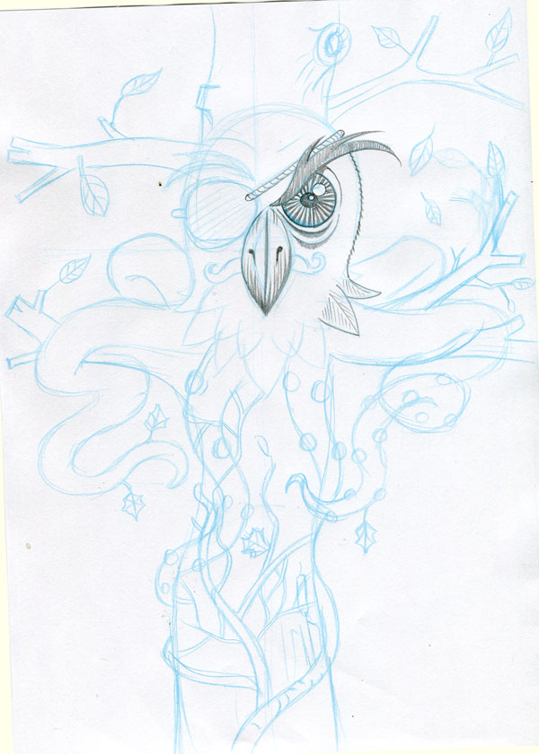 owl ivy octopus chimera pencil drawing progress shot