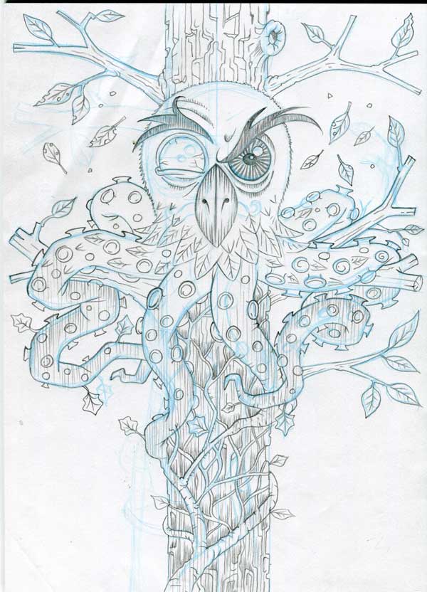 owl ivy octopus chimera pencil drawing progress shot