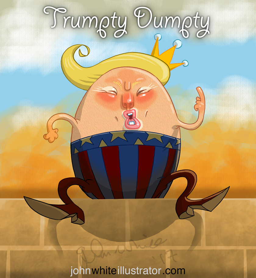 donal trump on his border wall illustration humpty dumpty