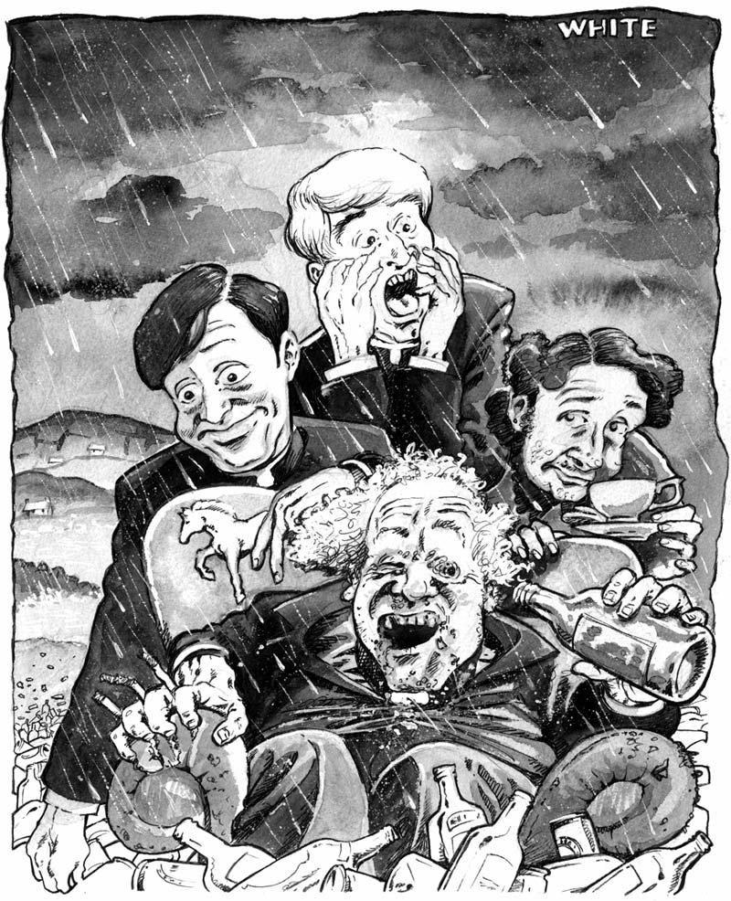 newspaper illustration of father ted, dougal, mrs. doyle and father Jack on craggy island