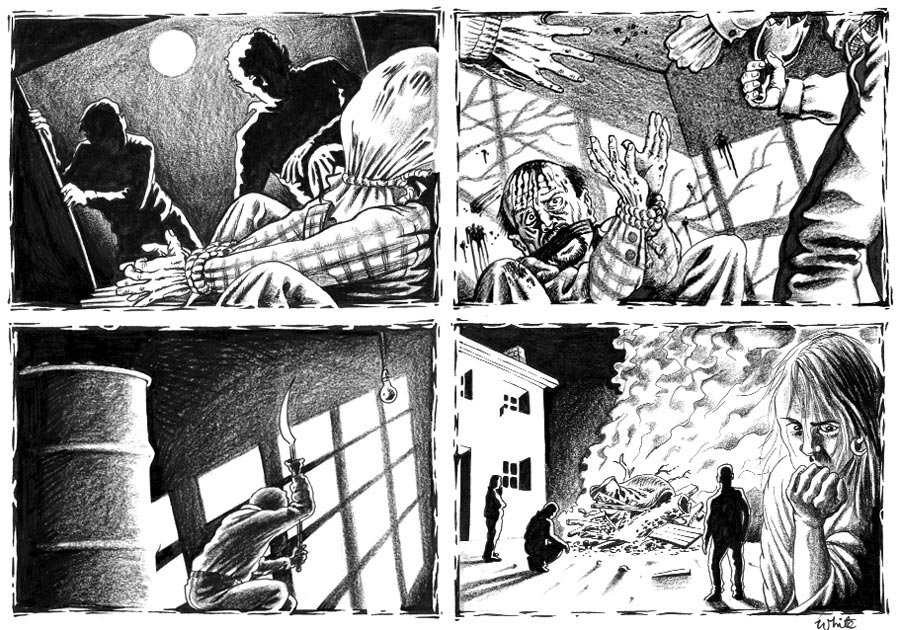 news illustration storyboard strip about a gruesome murder
