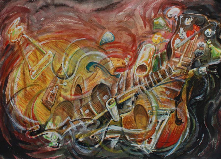 cheap guitars meshed together in a weird painting