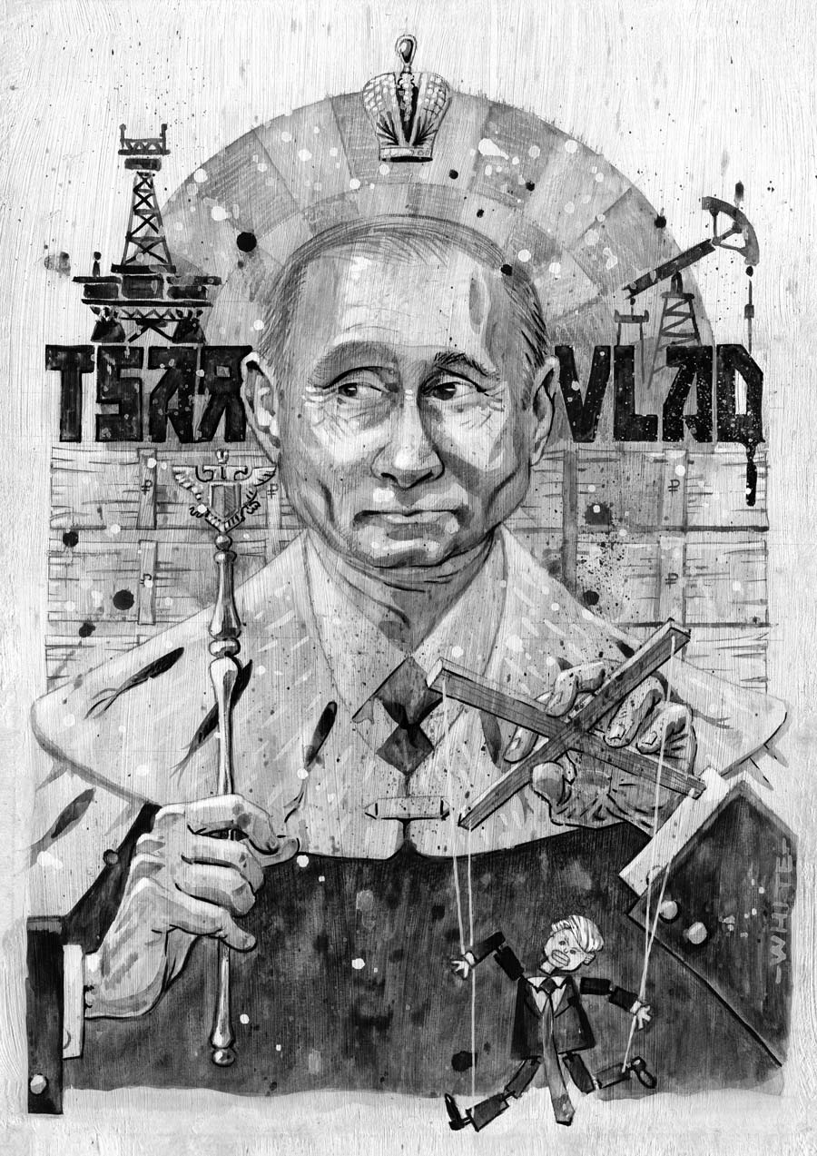 editorial newspaper style illustration of vladimir putin tsar black & white