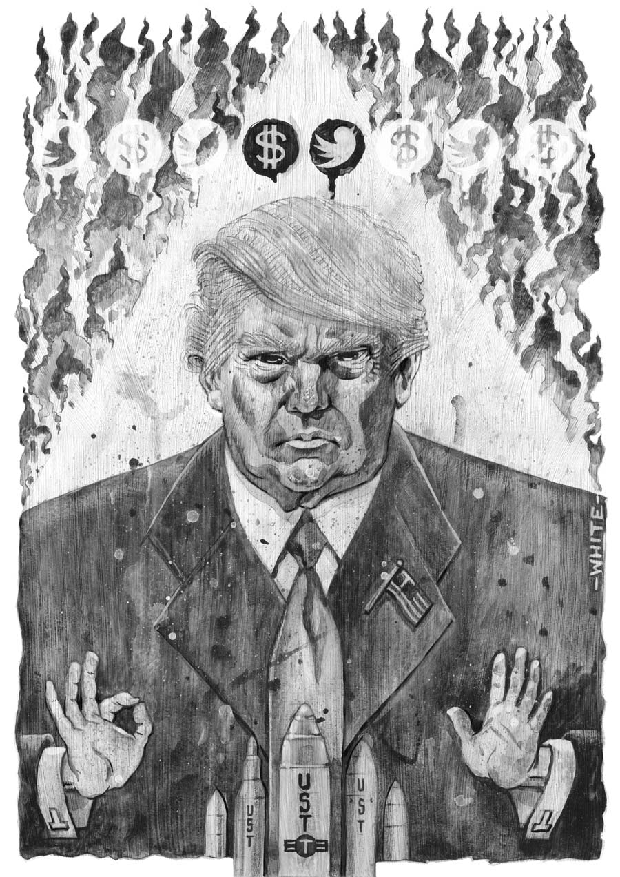 b&w donald trump illustration with nuclear missiles, ku klux klan hood, flames, twitter and dollar sign