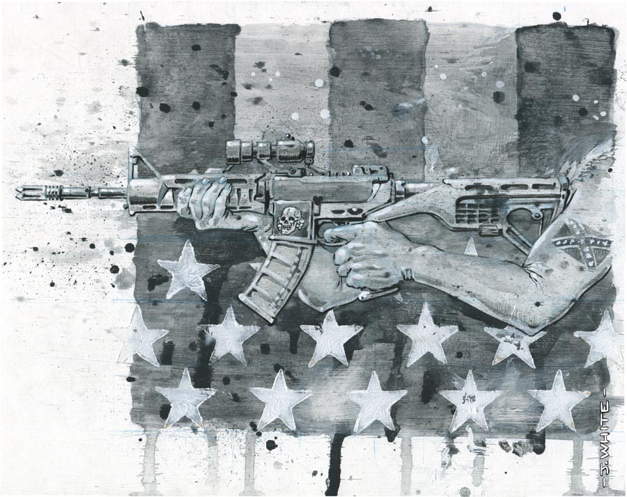 illustration in black and white about american USA gun control and the NRA ar-15 bump stock