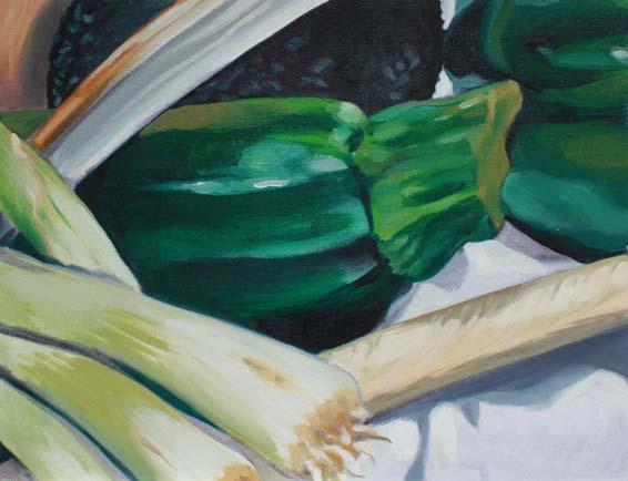 still life painting in oils of vegetables