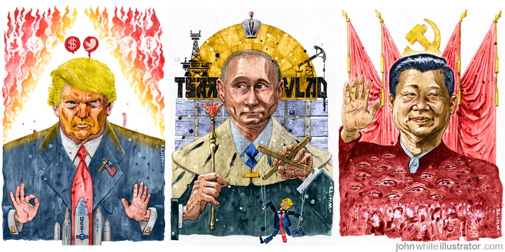 triptych illustration of donald trump, vladimir putin, and Xi Jinping