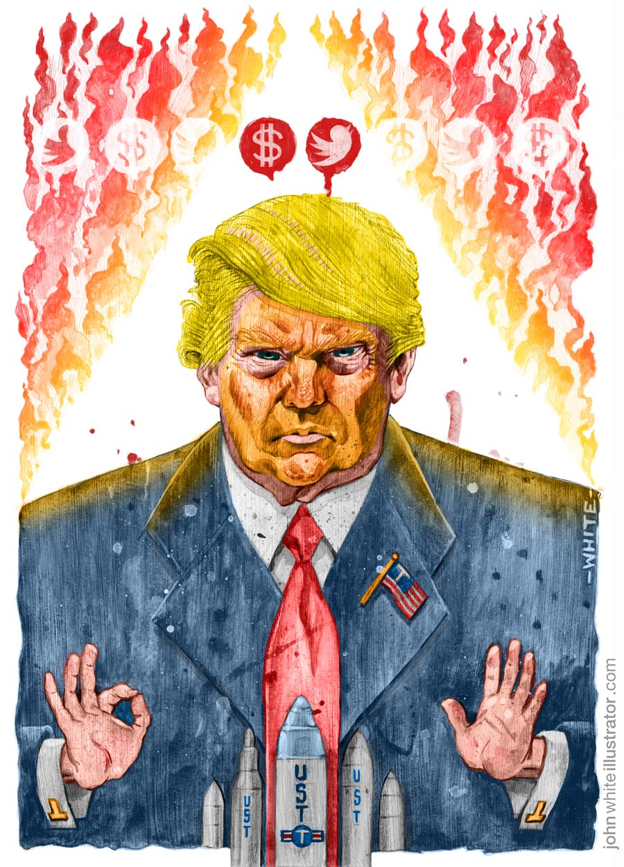 donald trump illustration with nuclear missiles, ku klux klan hood, flames, twitter and dollar sign