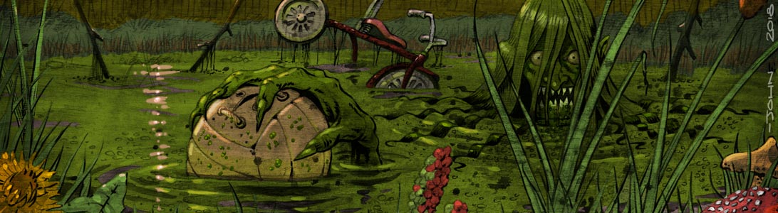 detail of illustration of Ginny Jenny Greenteeth pond hag witch in West Derby Liverpool by John White