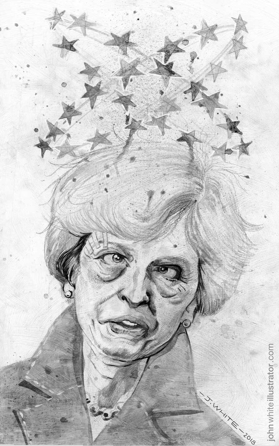 black and white editorial illustration of theresa may and brexit negotiations