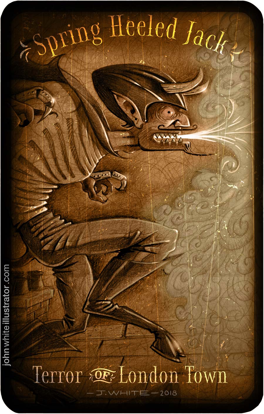 Spring Heeled Jack sepia tone illustration