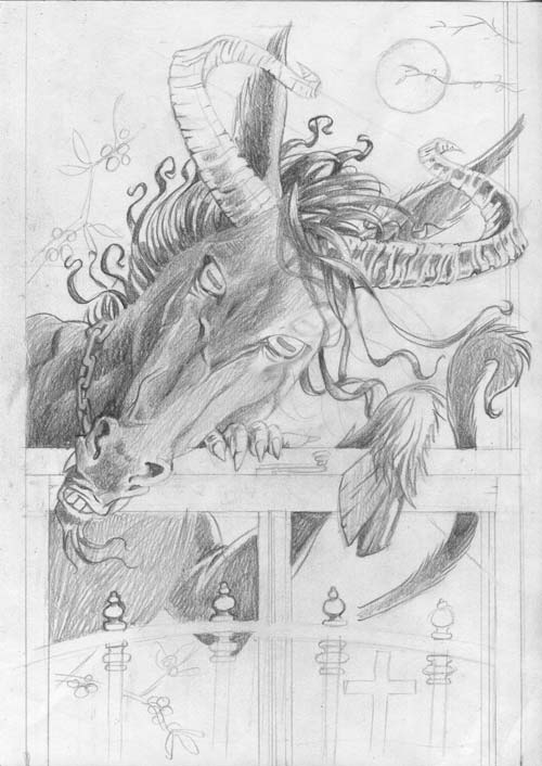 pencil illustration of the irish puca pooka spirit ghost fairy of rural ireland