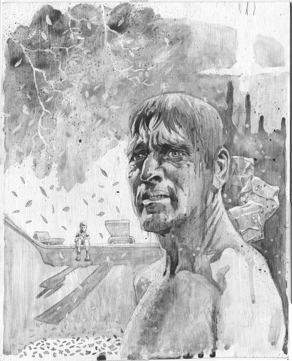 painting black and white of burt lancaster in the movie The Swimmer boy on edge of pool ash tree