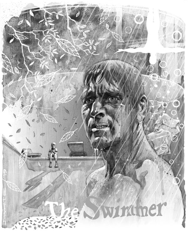 illustration art of burt lancaster in the movie The Swimmer boy on edge of pool ash tree