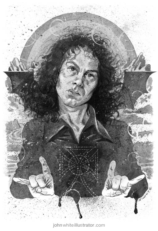 black and white illustration art of ronnie james dio rock heavy metal singer