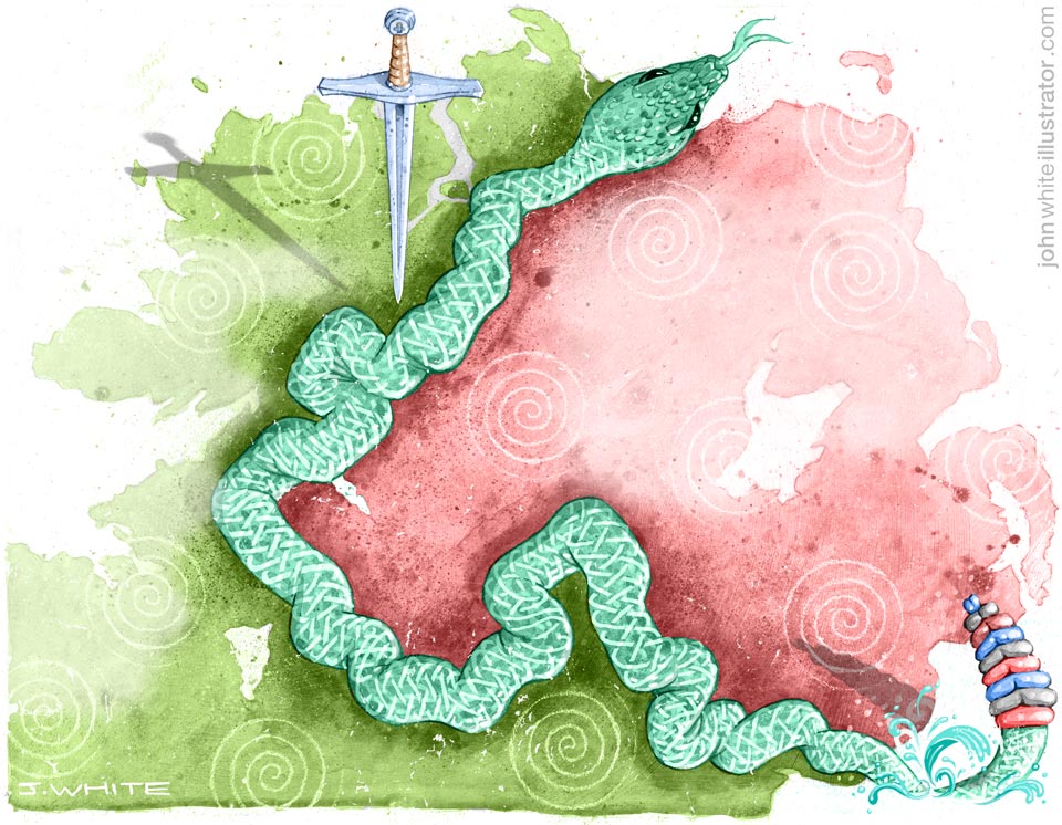 celtic style irish editorial illustration about the british border in ireland