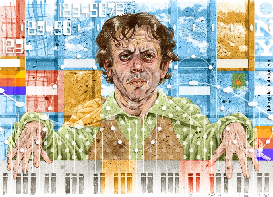 portrait illustration of philip glass 1970s setting