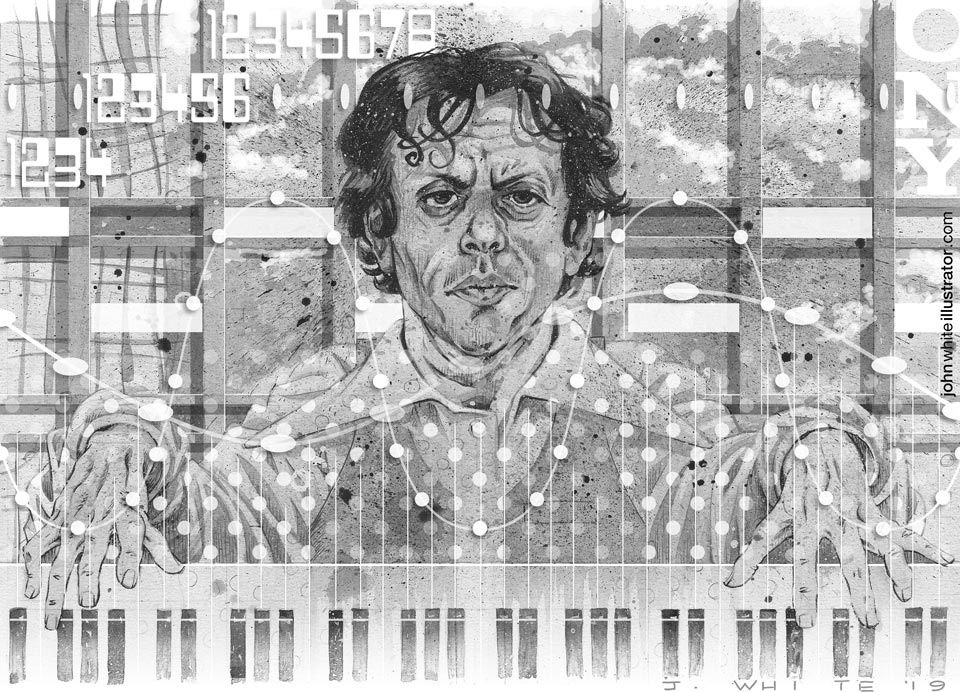 B&W portrait illustration of philip glass