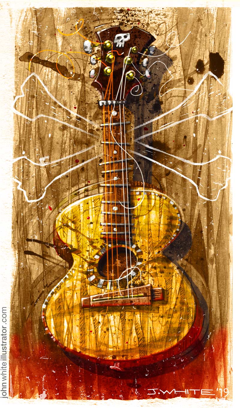 full-colour old battered vintage guitar illustration blues pirate style