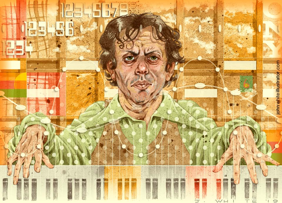 portrait illustration of philip glass 1970s setting