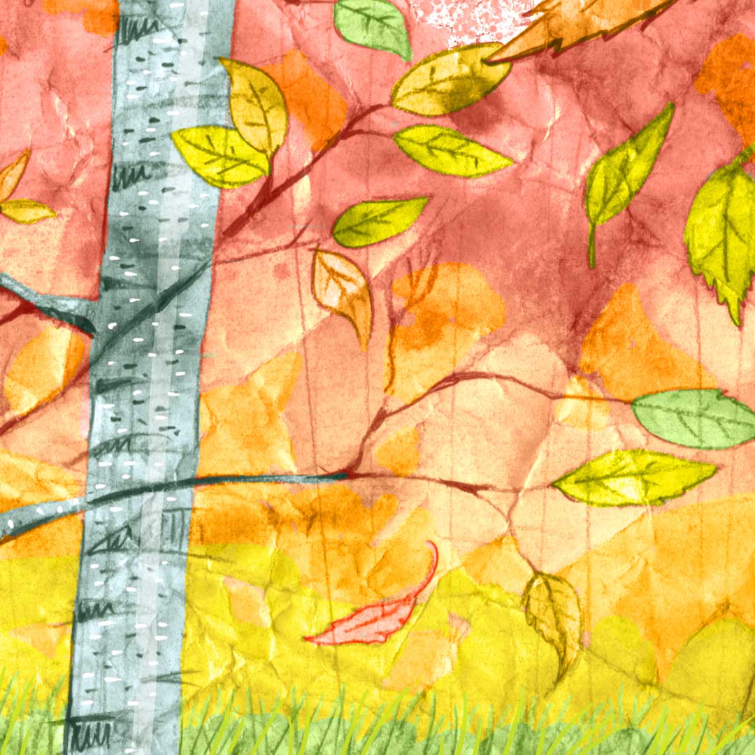 detail of painted drawn illustration of silver birch trees