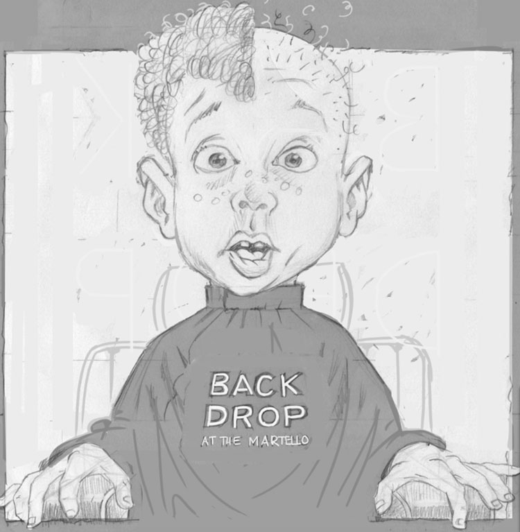 funny B&W pencil sketch of a shocked boy for backdrop comedy show martello hotel bray