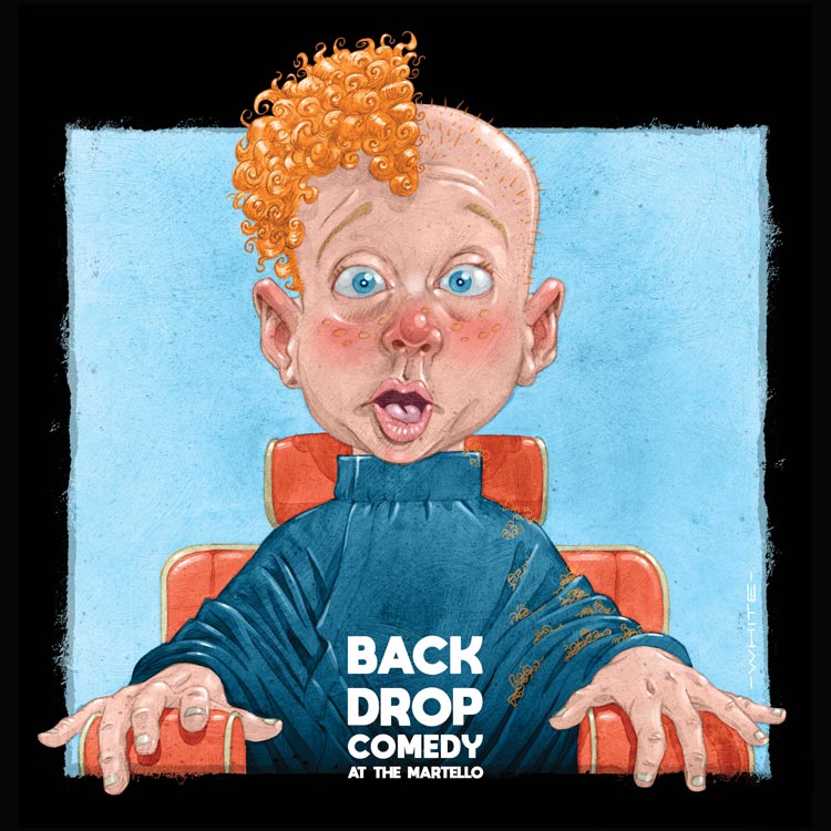 funny colour illustration of a shocked boy for backdrop comedy show martello hotel bray