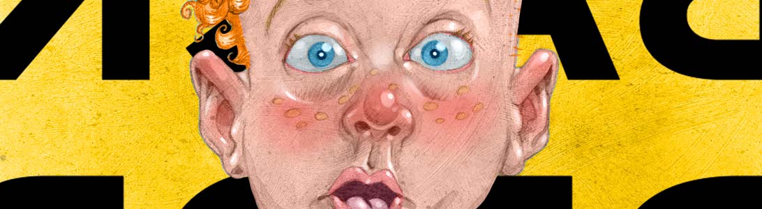 detail of a funny colour illustration of a shocked boy for backdrop comedy show martello hotel bray