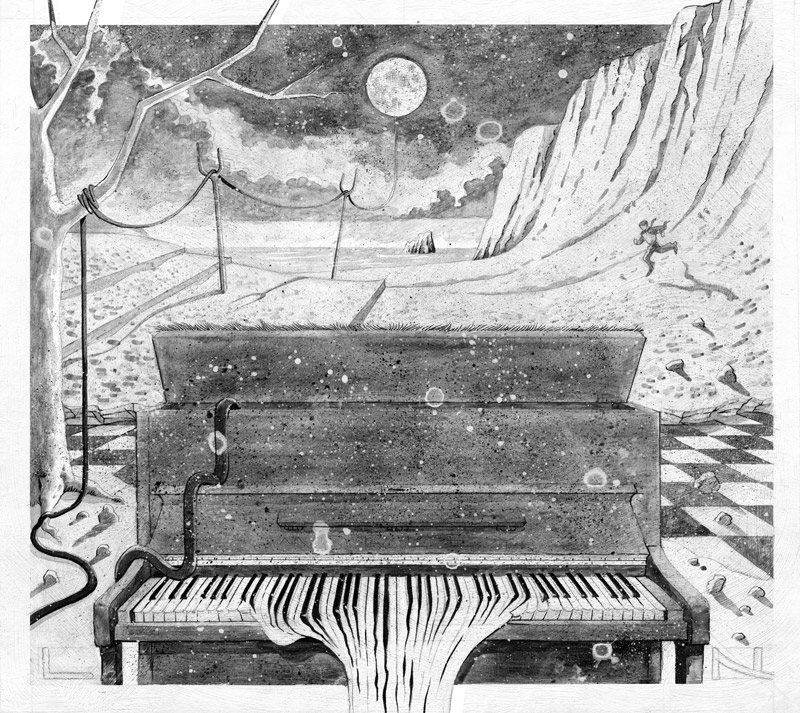 b&w illustration art for ep album cd cover for solo piano music artist